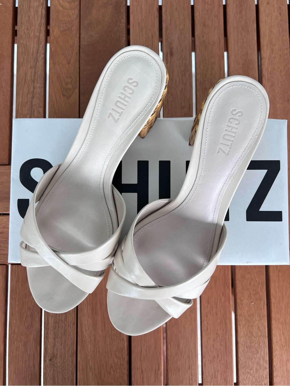SCHUTZ NWT Keefa Block Mule Off White Leather Slide Sandals With Braided Heel 11
